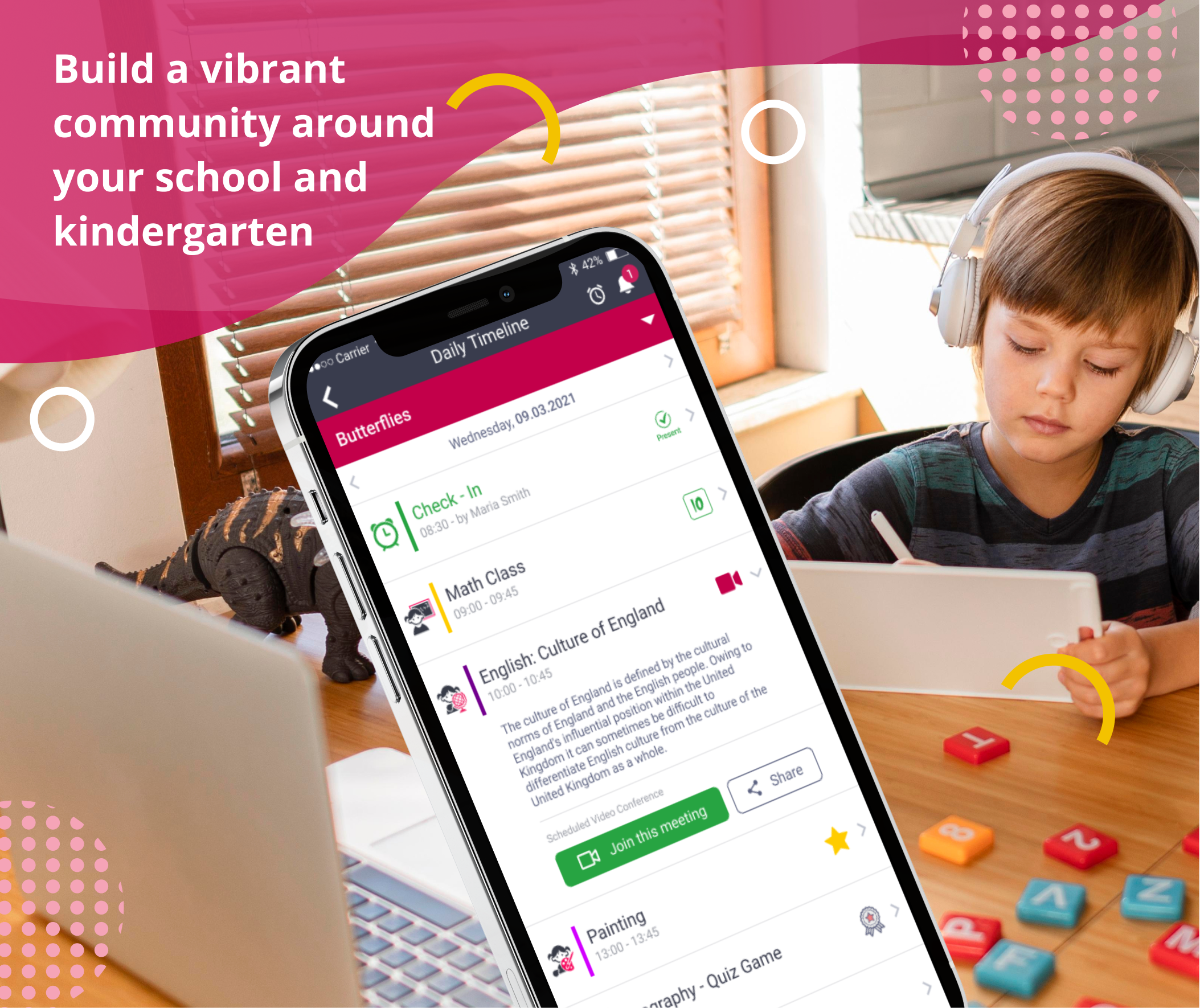 Kinderpedia's Daily Timeline allows students and parents to obtain an instant snapshot of their daily schedule, as well as their tasks and results. For younger children, the app shows how much they are, slept and how they engaged in daily activities.