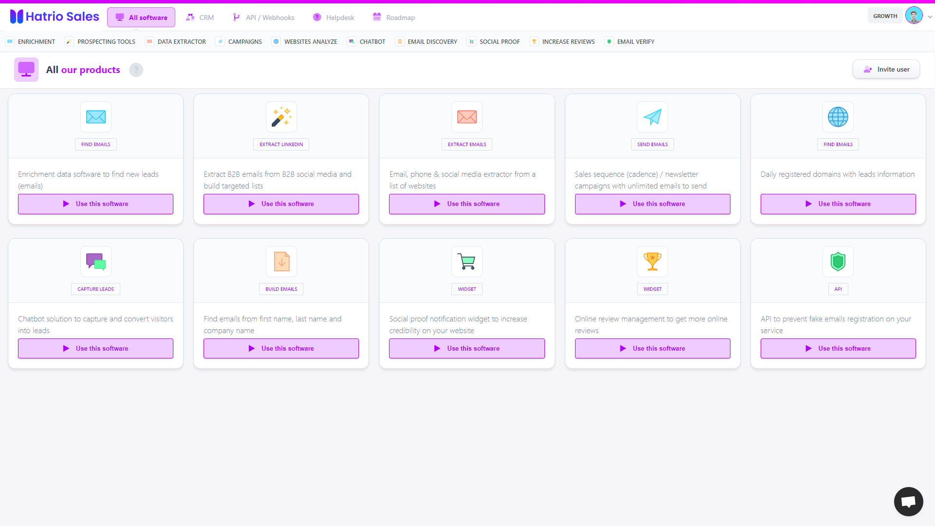 Hatrio Sales screenshot: Overview of our tools available for your business