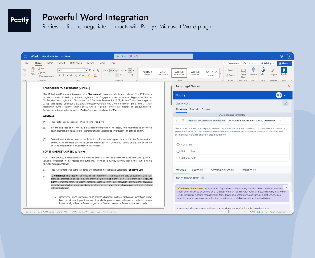 Powerful Word Integration Review, edit, and negotiate contracts with Pactly's Microsoft Word plugin