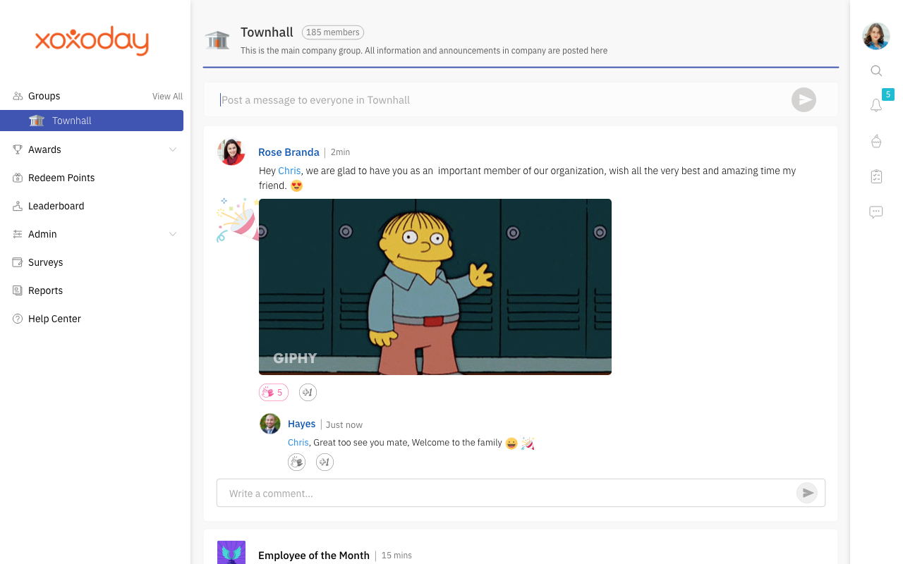 Feeds visible at group level with access controls. Send & share recognition with awards/value cards/greetings/hashtags. Post, like, comment, edit, share, announce and attach documents, GIFs, images, video, audio, links, hashtags, e-card and more.