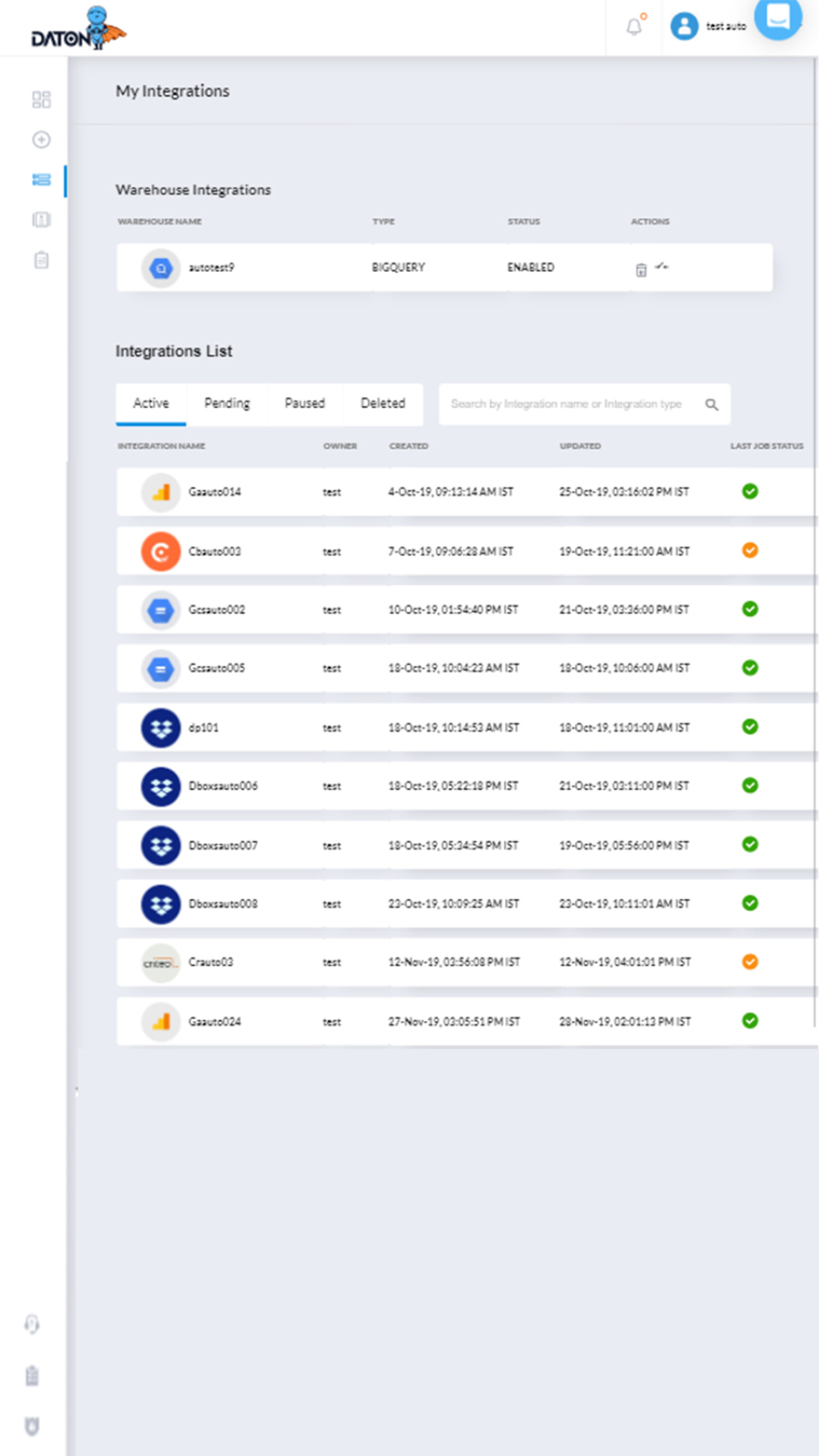 Daton screenshot: Daton integrations list