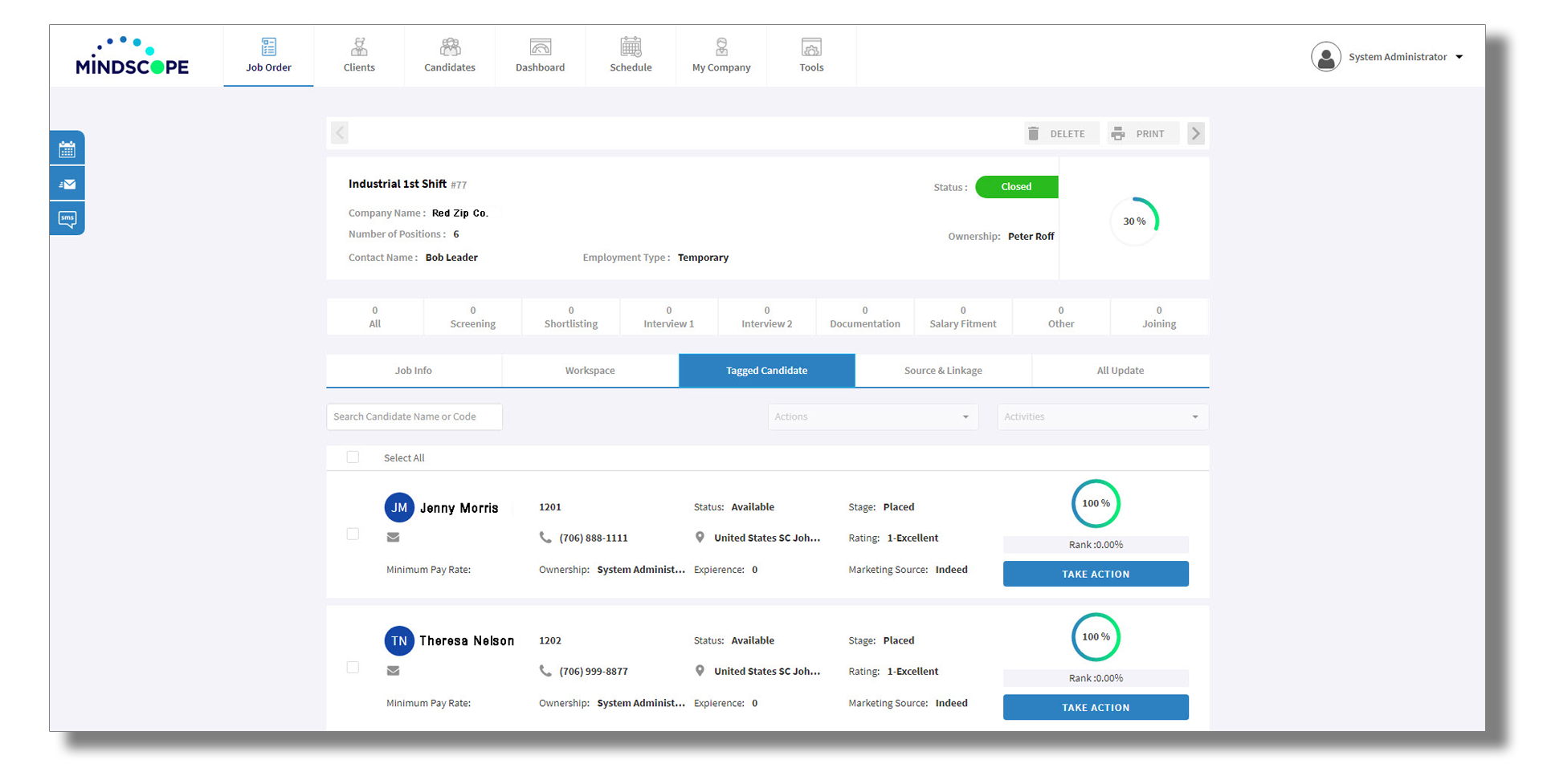 Mindscope screenshot: Mindscope Applicant tracking system