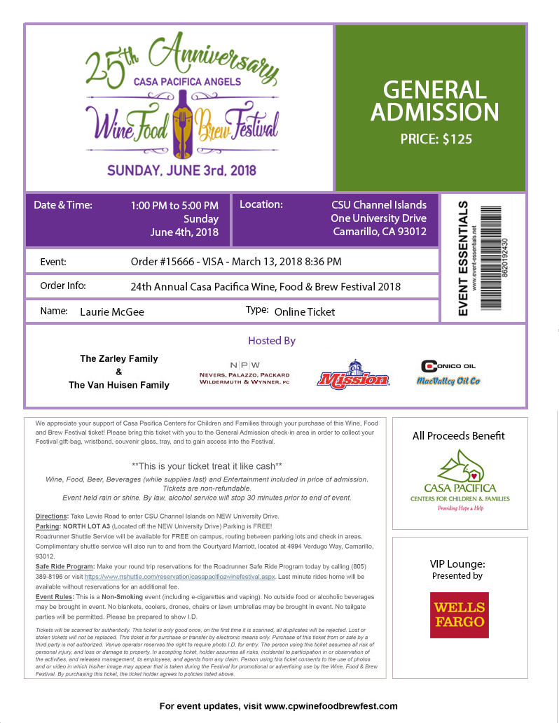 Print-at-home tickets with Information, type, day-of information, direction, static and varying sponsor logos and more.