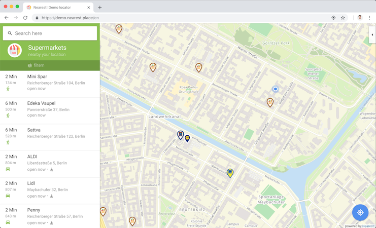 Nearest! screenshot: List unlimited shop locations and guide clients directly to their nearest location using smart algorithms