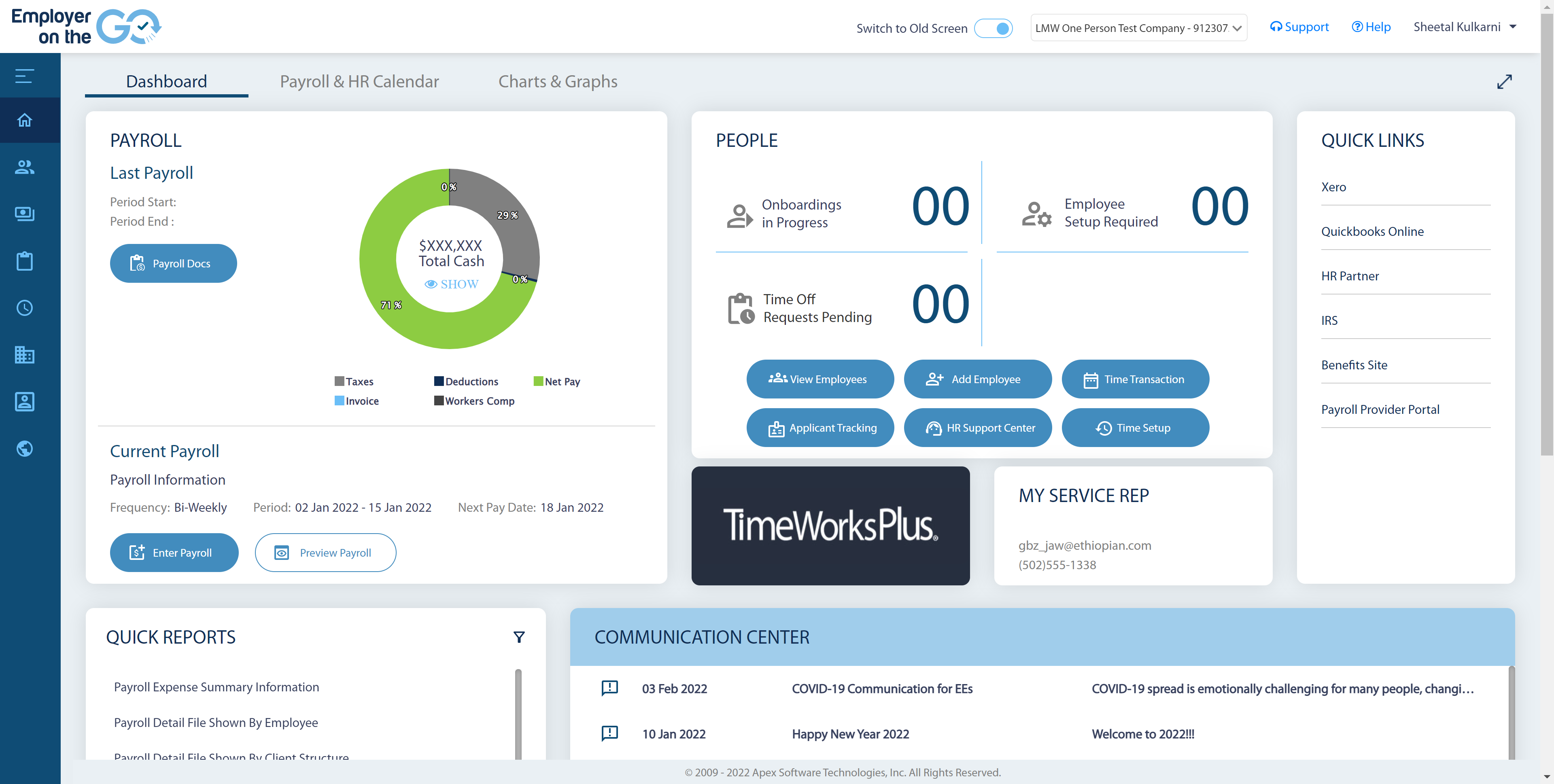Apex HCM screenshot: Apex HCM dashboard