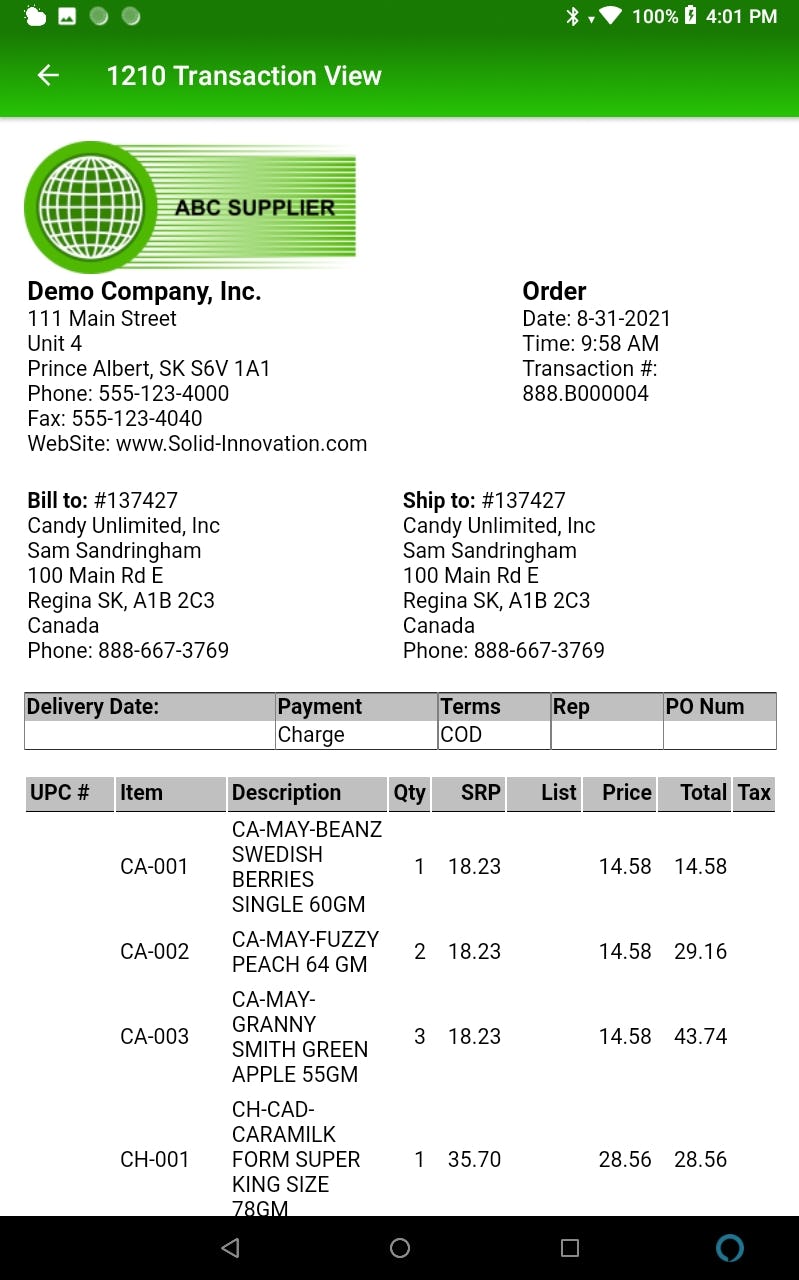 Solid Order Entry Software - Transaction View Screen