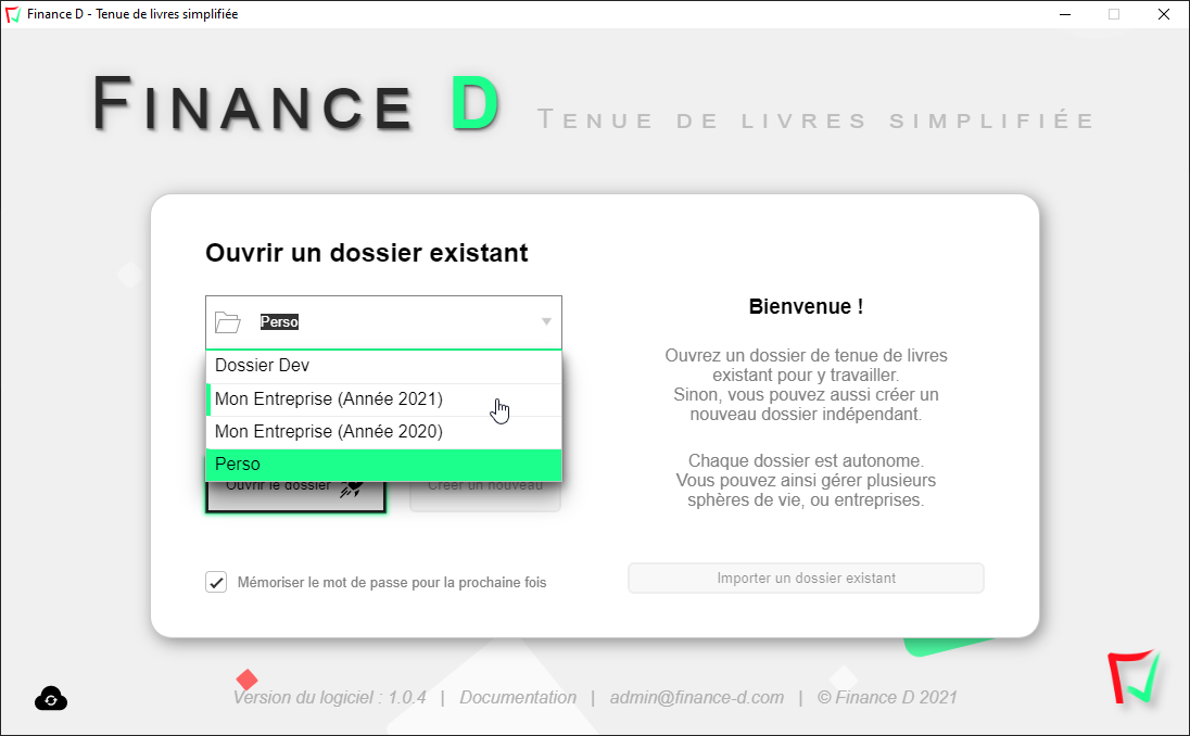 Finance D Software - Gestion de multiples dossiers indépendants et sécurisés par mot de passe. Enregistrement local sur votre ordinateur sans besoin d'internet. Données encryptées avec AES-256.