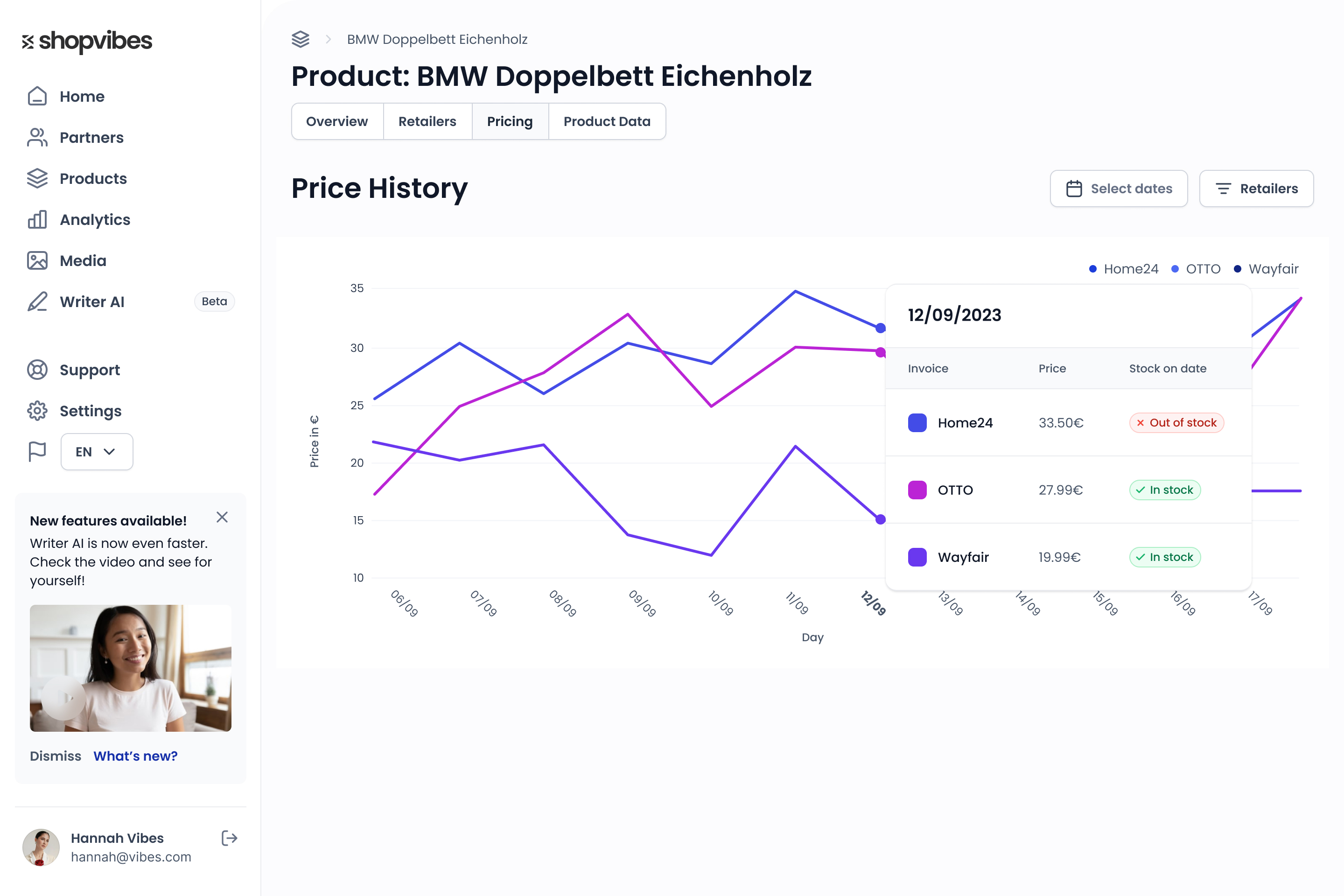 This tool enables you to track the price developement of your products on different retail partners.