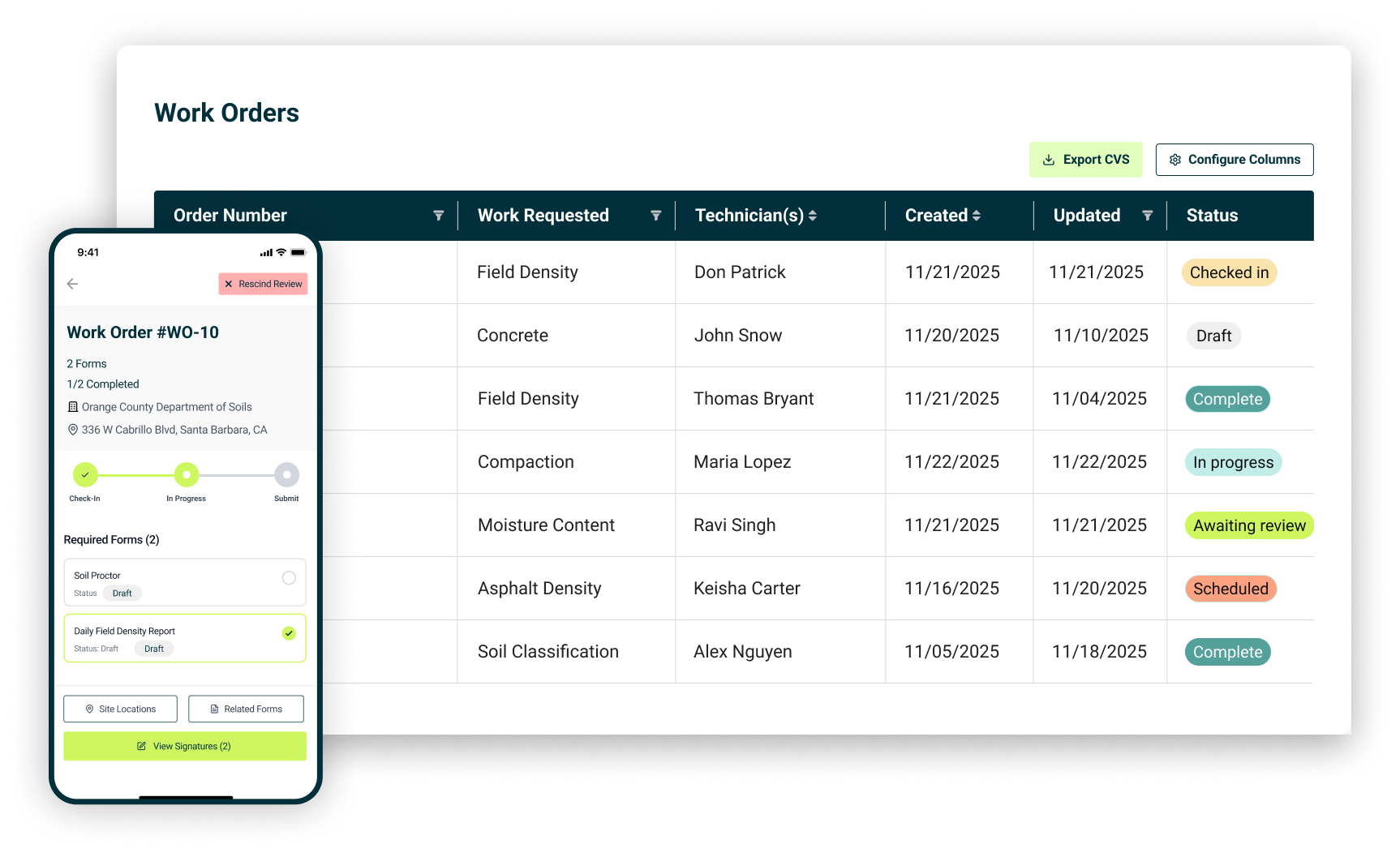 Aldoa screenshot: Scheduling & Work Orders. Easily schedule crews, dispatch jobs, and manage work orders from one centralized view.