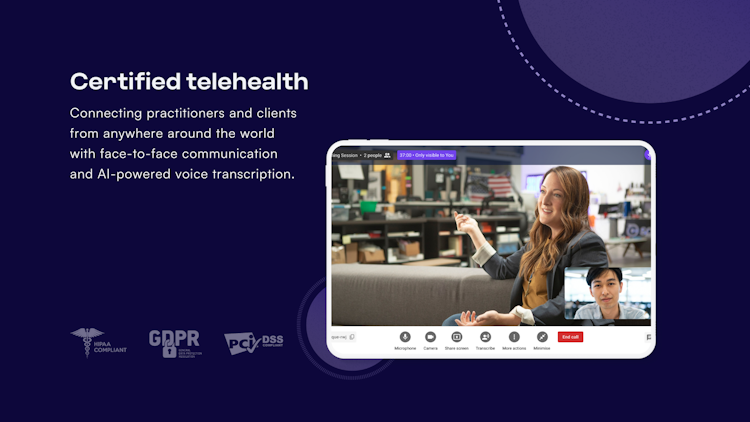 Carepatron screenshot: Your HIPAA-compliant Telehealth solution. Provide stress-free and secure video appointments with our fully integrated desktop and mobile app software.
