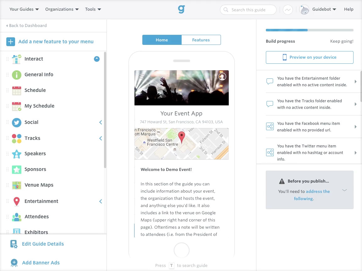 Guidebook features a drag and drop builder that allows app templates to be customized visually without requiring any coding
