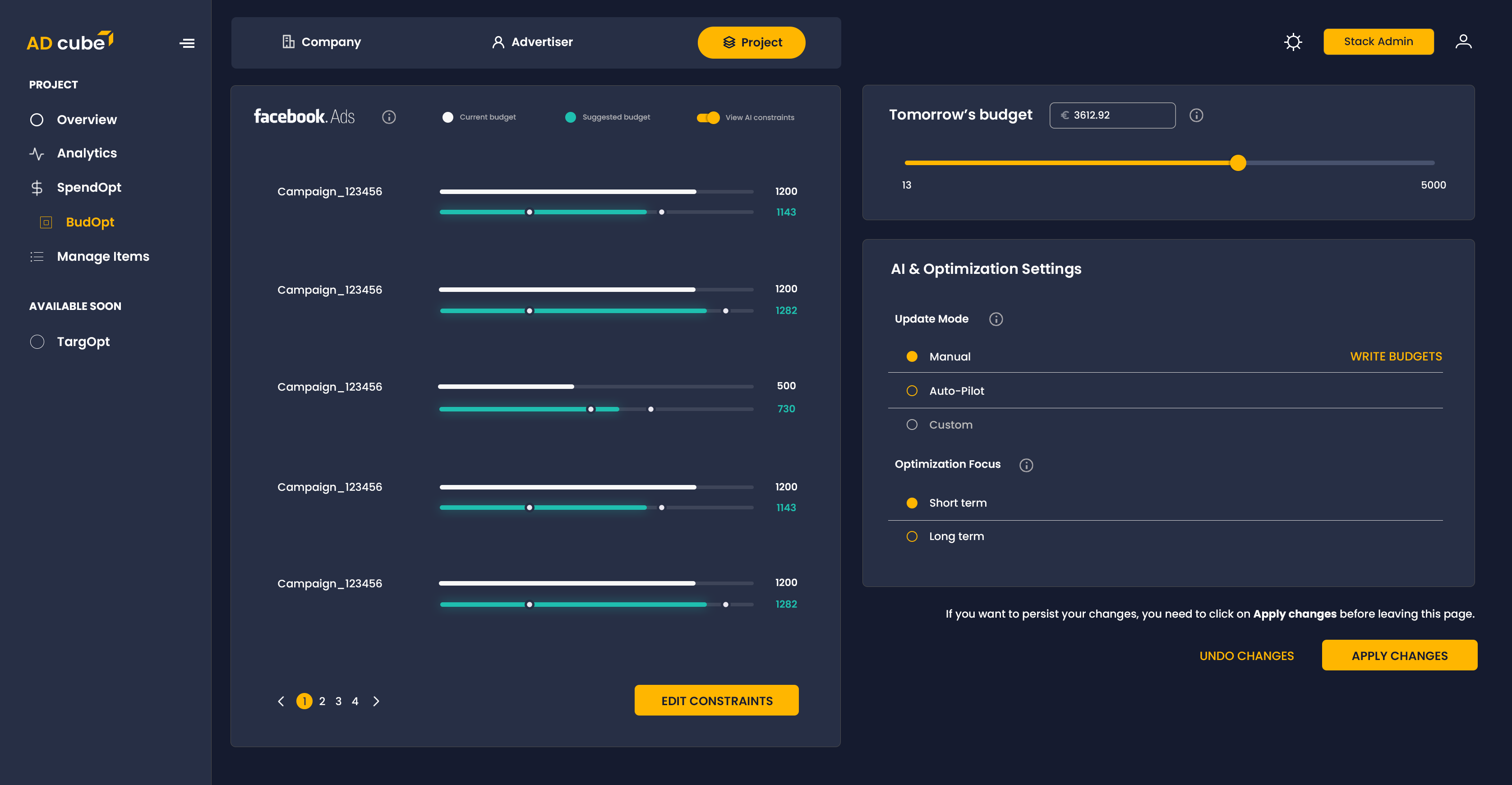 AD cube screenshot: BudOpt: a Machine Learning based tool that optimizes the budget allocation across a set of advertising campaigns.