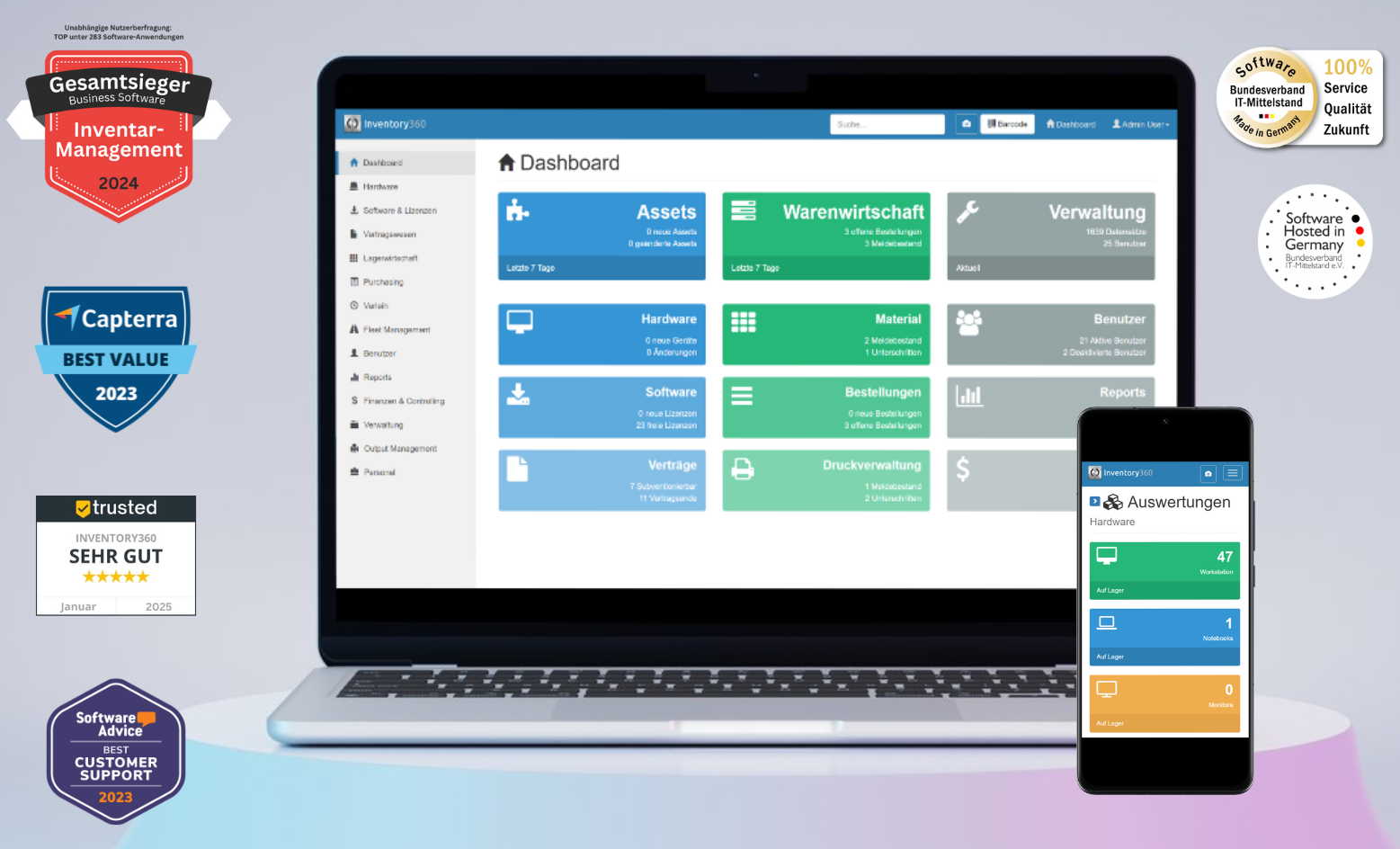 Inventory360 screenshot: Inventory360: die praxisorientierte Inventarisierung umfasst als einziges System den gesamten (IT-) Lifecycle