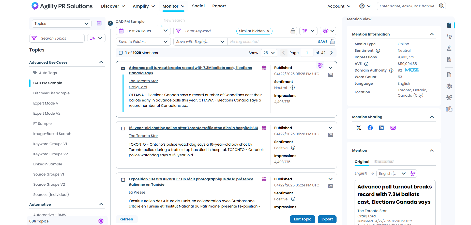 Agility PR Solutions Software - Monitor media coverage across online & traditional channels. Save your topics for future use.