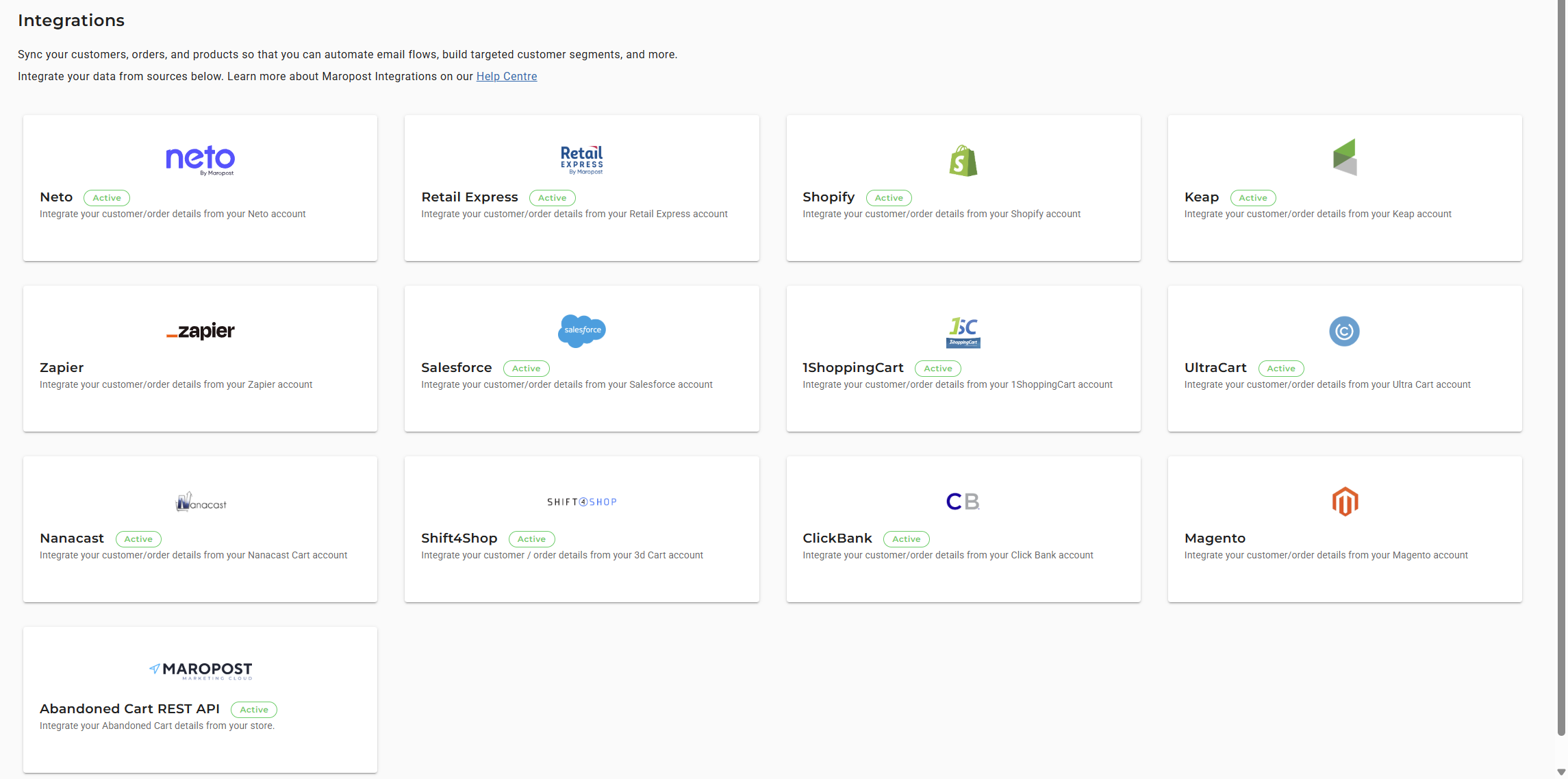 Maropost screenshot: Integrations with Marketing Cloud