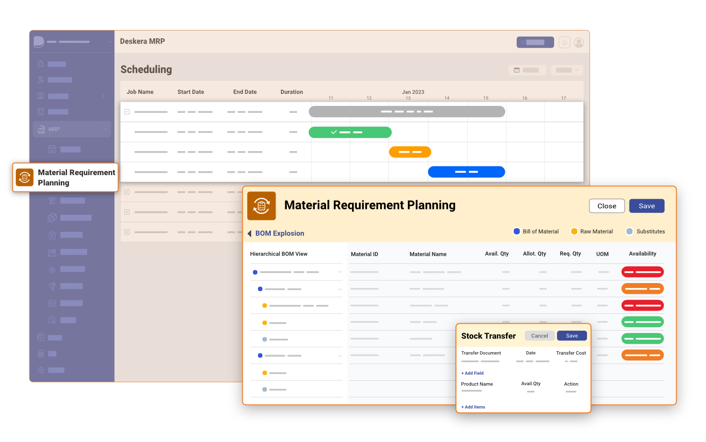 Deskera MRP screenshot: Plan and manage materials and inventory for production. Keep track of materials and components needed for production, track stock levels, plan orders, and optimize purchasing and production processes