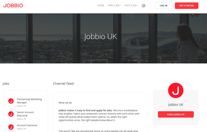Jobbio screenshot: Create a customized business profile to attract top talent and advertise job openings