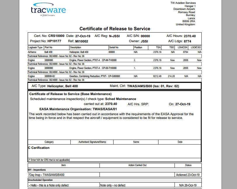 Aerotrac Software - Report: CRS