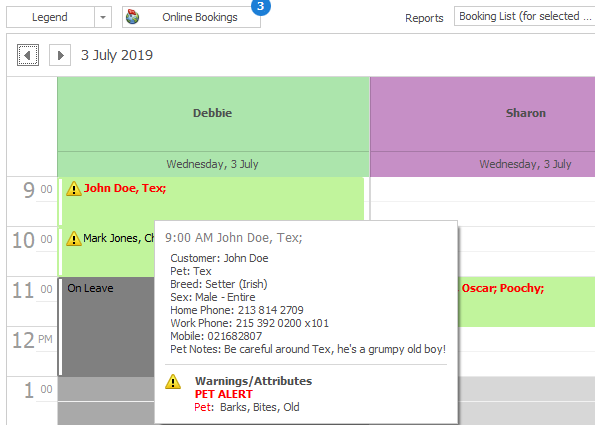 PetLinx Software - View your grooming workload at a glance by day, week, work week, or month. Drag and drop to change a booking date, time, or groomer.