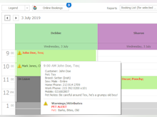 PetLinx Software - View your grooming workload at a glance by day, week, work week, or month.  Drag and drop to change a booking date, time, or groomer.