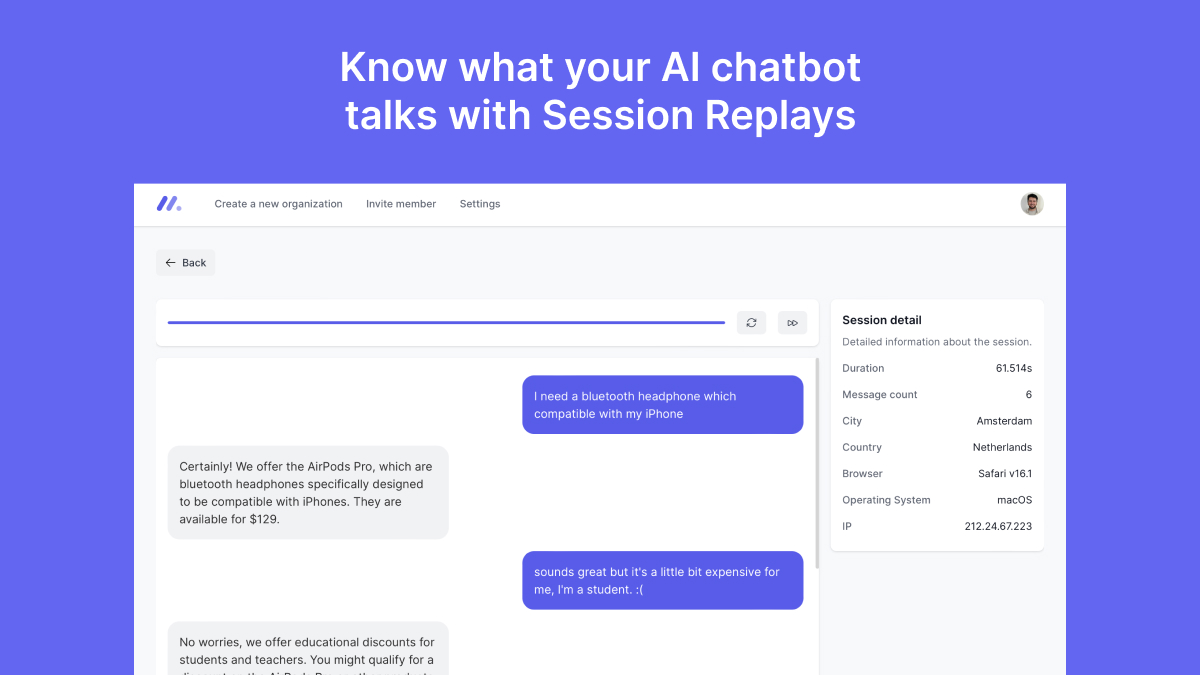 Know what your AI-chatbot talks with Session Replays feature.