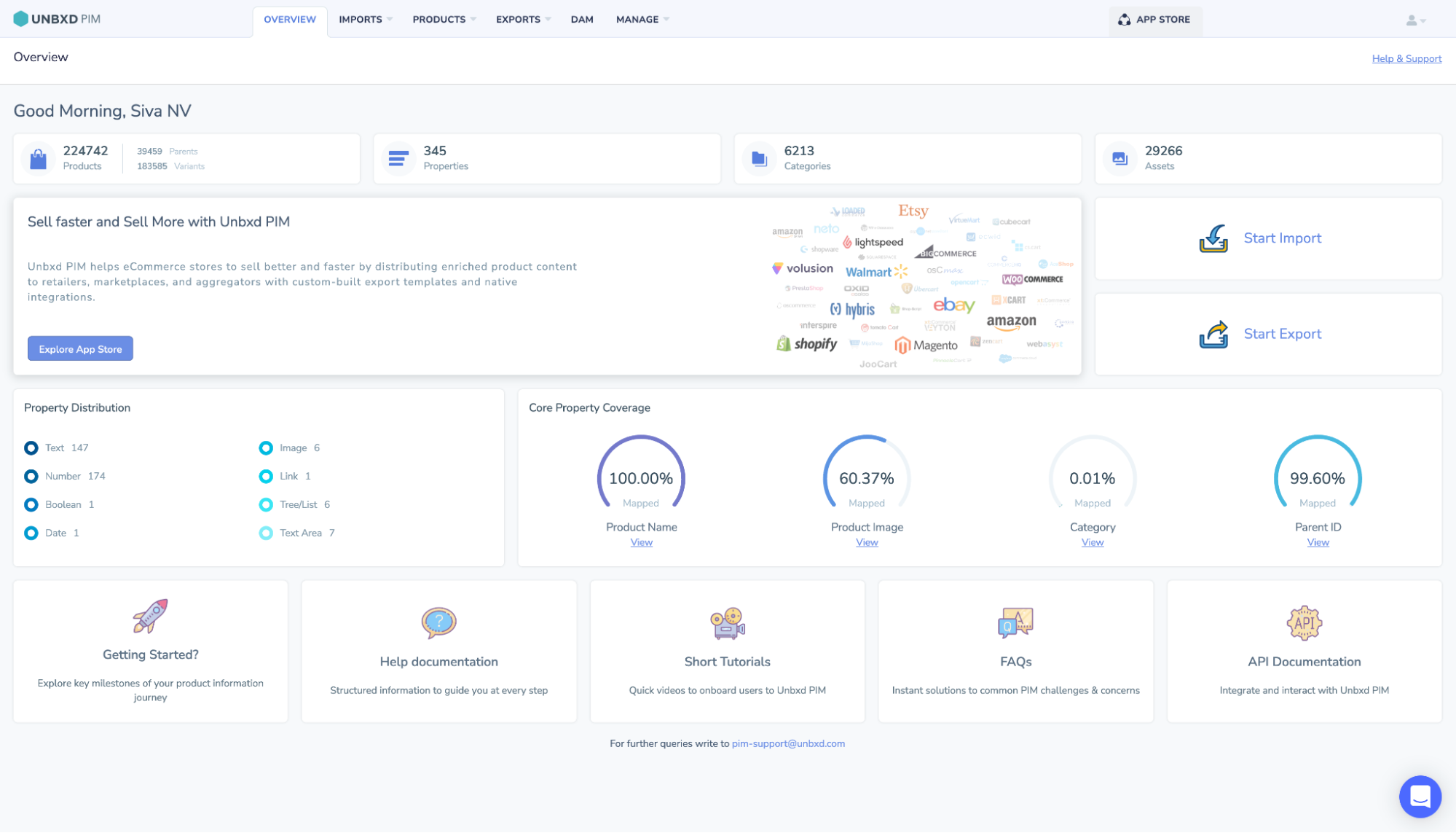 Unbxd PIM screenshot: Unbxd PIM overview