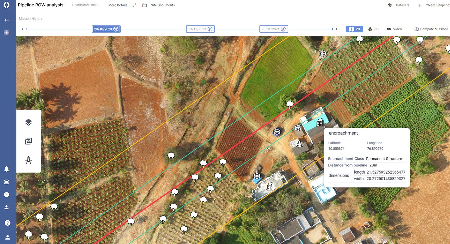 SkyDeck Software - Pipeline Encroachment Analysis: Al-powered ROW encroachment detection, Encroachment type and severity classification, Distance of encroachment from pipeline, Closest chainage marker, Change detection between surveys, Multiple pipelines in ROW. 
SkyDeck