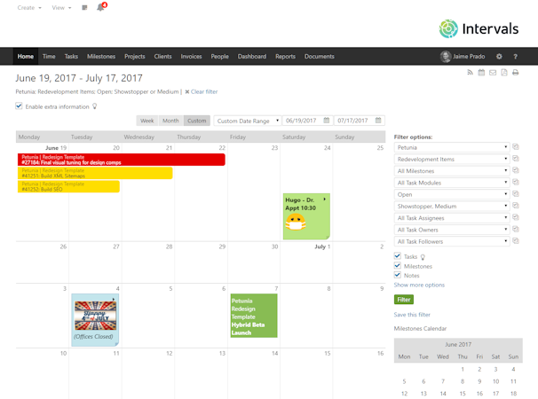 Intervals screenshot: Calendar to view notes, tasks, projects, & milestones (with drag & drop)