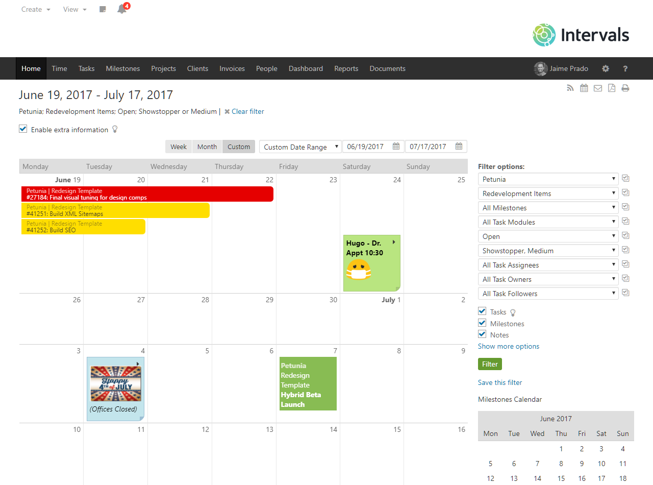 Intervals Software - Calendar to view notes, tasks, projects, & milestones (with drag & drop)