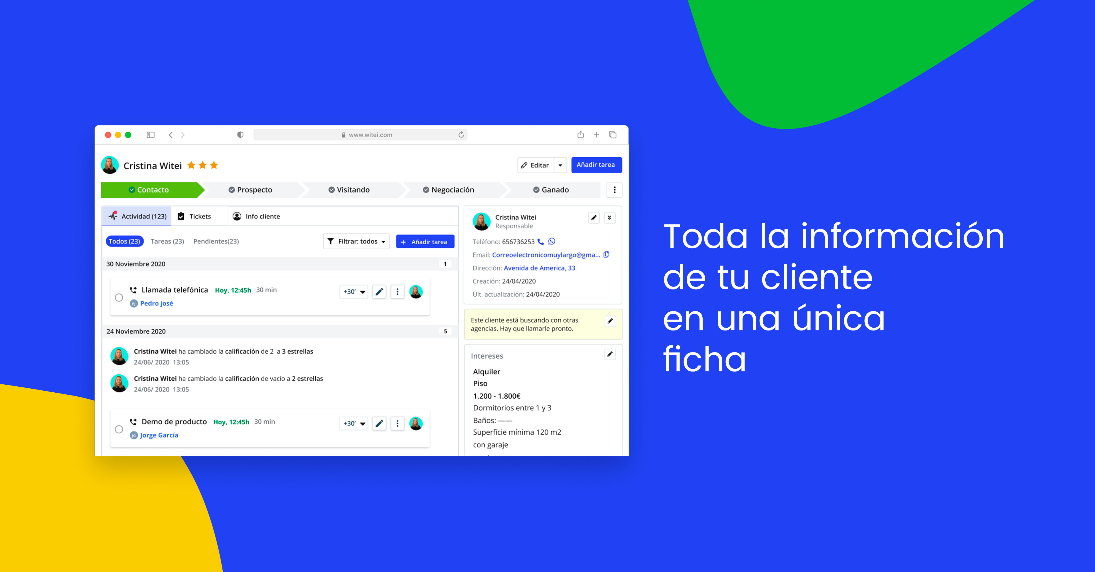 Witei screenshot: Toda la información de tu cliente en una única ficha