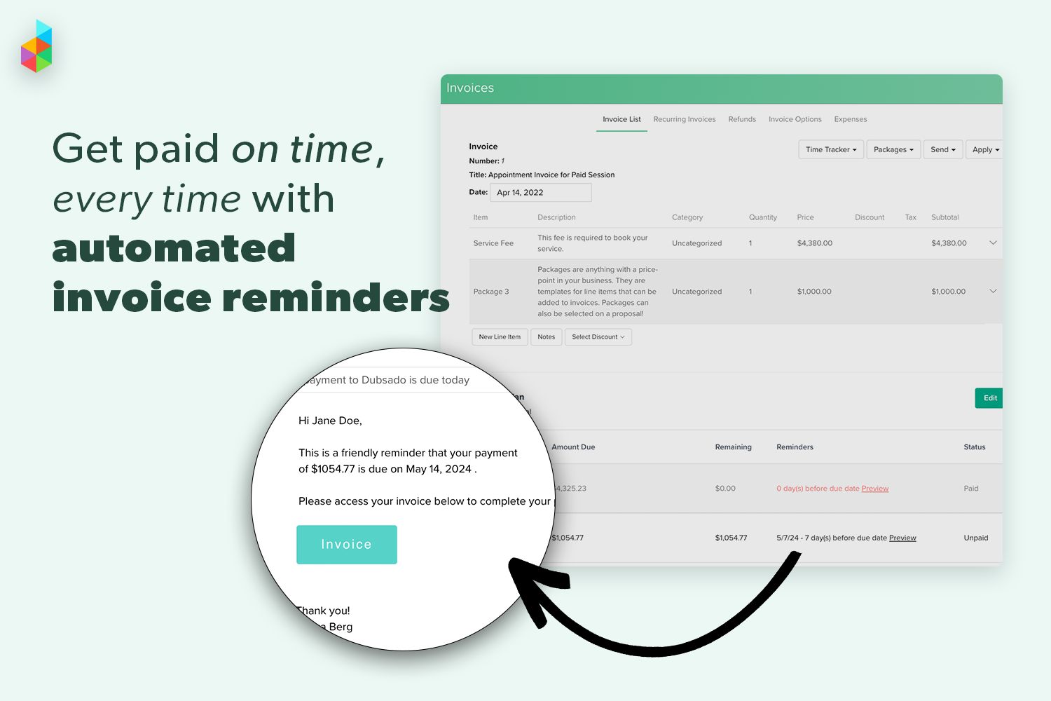 Text: "Get paid on time, every time with automated invoice reminders." Image: Screenshot of automated email with invoice information and button to pay