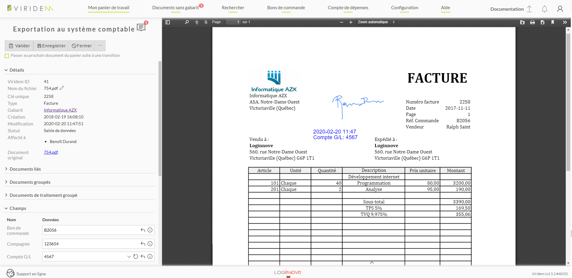 Viridem screenshot: Data extraction in an invoice