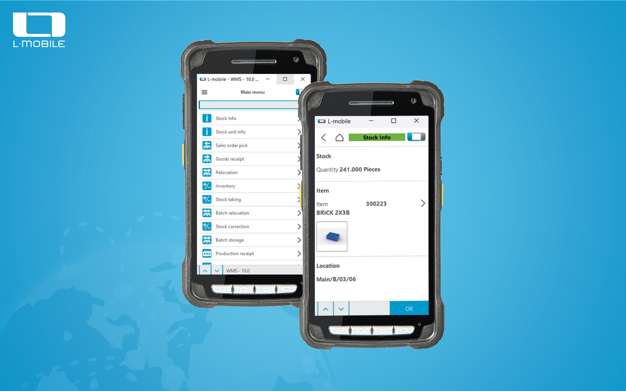 L-mobile warehouse screenshot: Main menu and view of the mobile solution: Real-time transparency regarding all stock