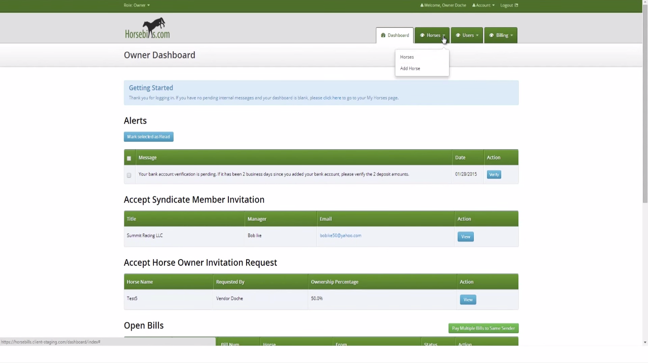 Horsebill's owner dashboard shows alerts, invitation requests, and gives access to the horse information page.