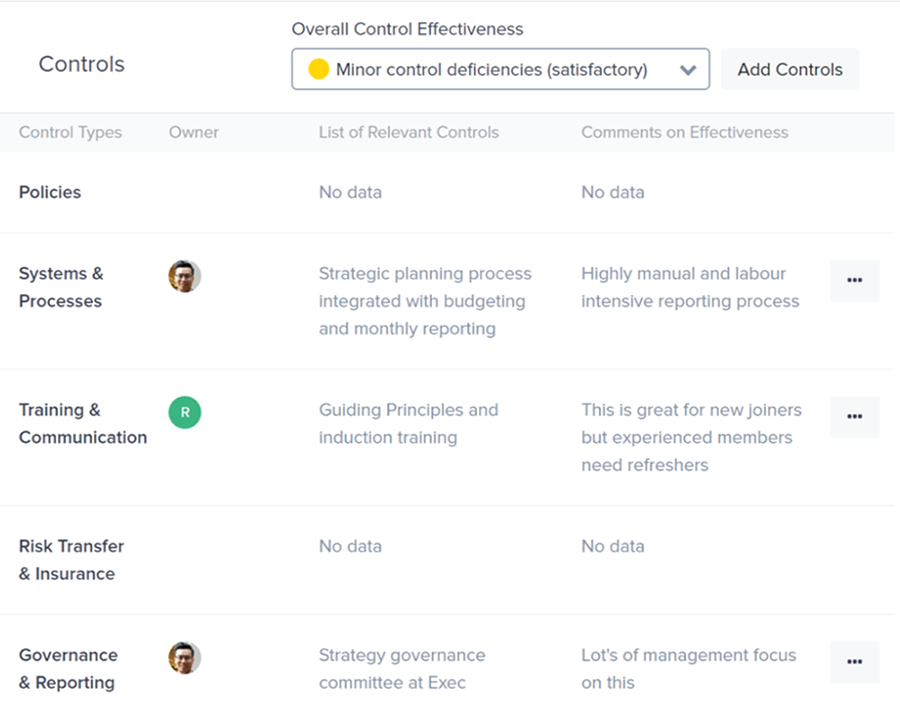 Controls Self Assessment - We guide you through a control self assessment thinking along key control types, to identify what’s in place and comment on effectiveness. This helps risk owners formulate actions needed.