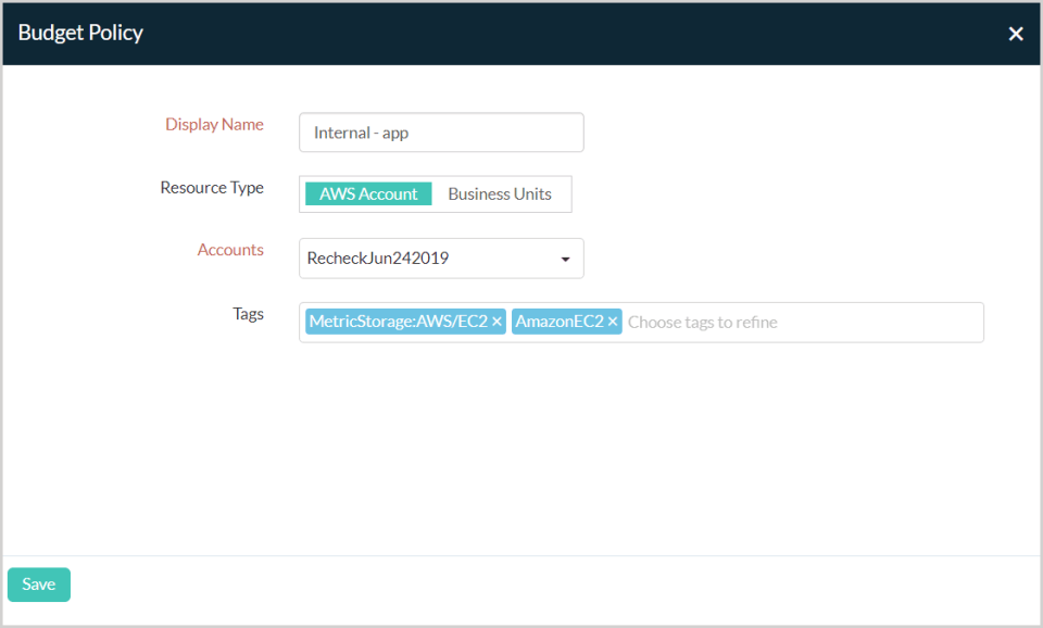 Site24x7 CloudSpend budget policy creation