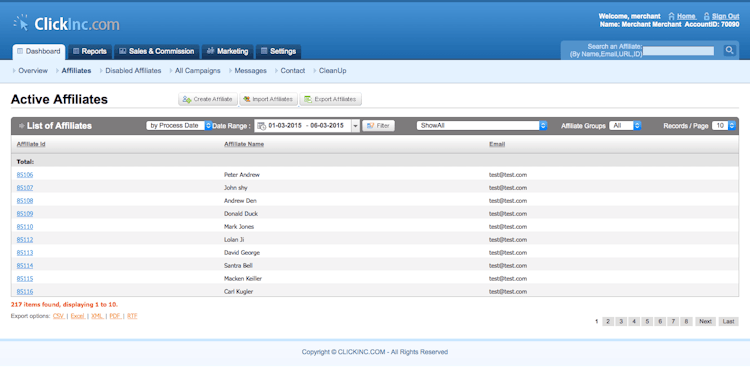 ClickInc screenshot: Clickinc showing admin dashboard and active affiliates
