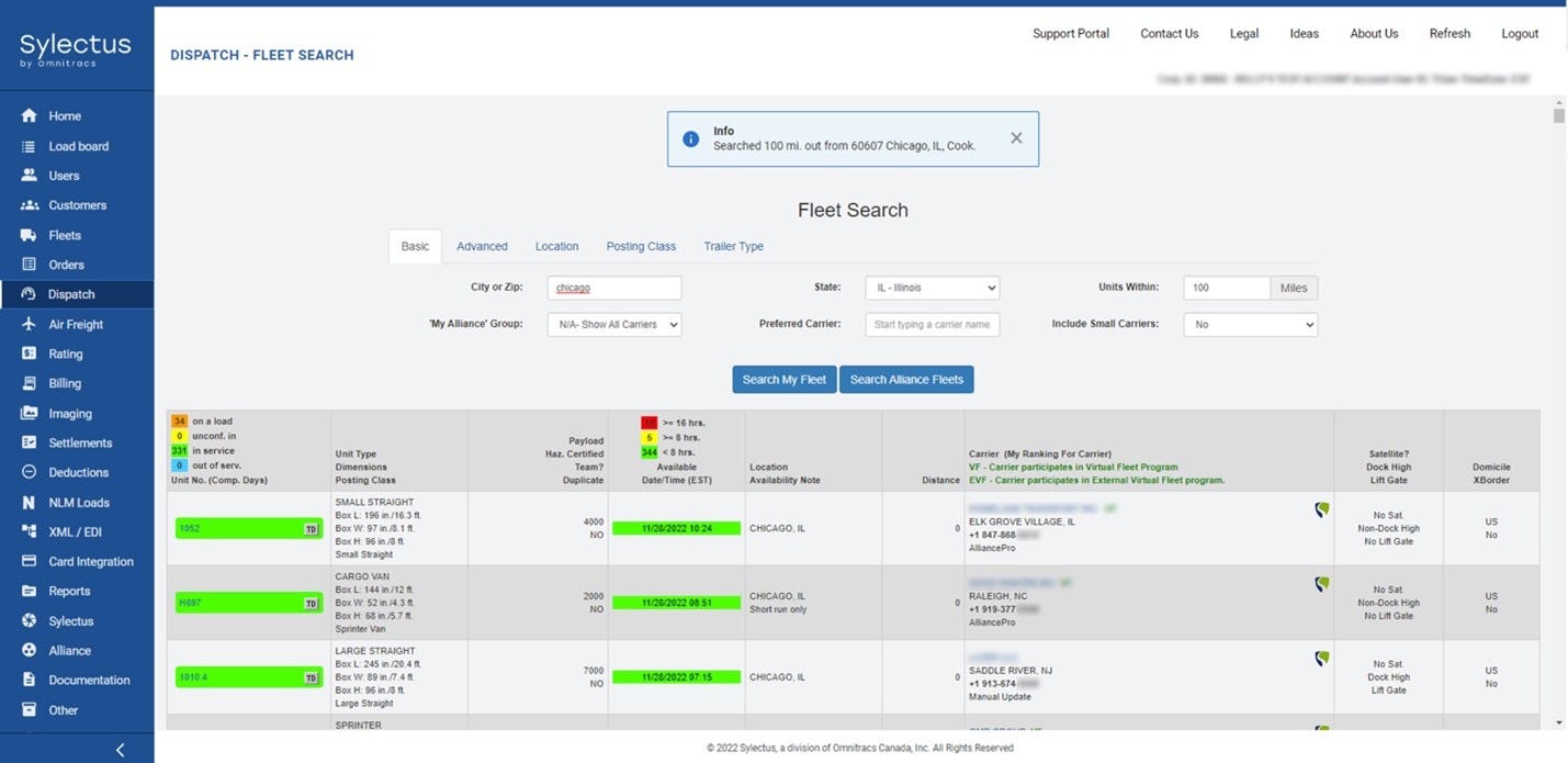 Sylectus AlliancePro Software - Sylectus AlliancePro Fleet Search Screen