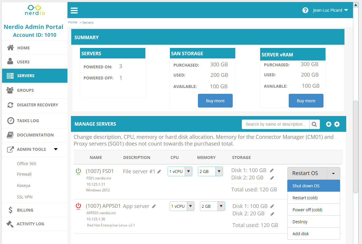 View summaries and manage servers