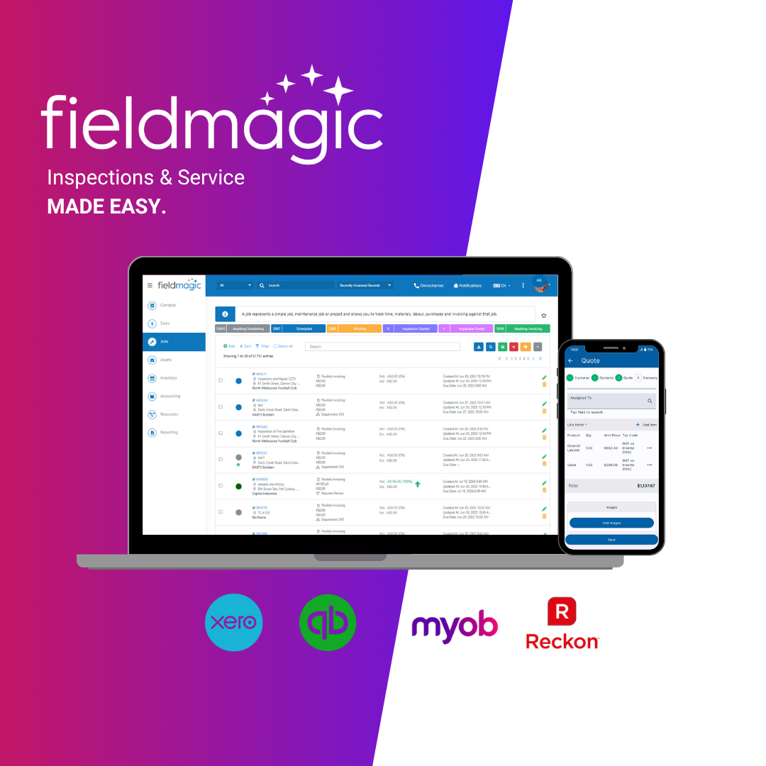 Fieldmagic Software - The platform integrates out-of-the-box with a number of widely used accounting systems, including Xero, MYOB, QuickBooks and Reckon Accounts Hosted. For any other system that requires integration, Fieldmagic has a REST API to support other systems.
