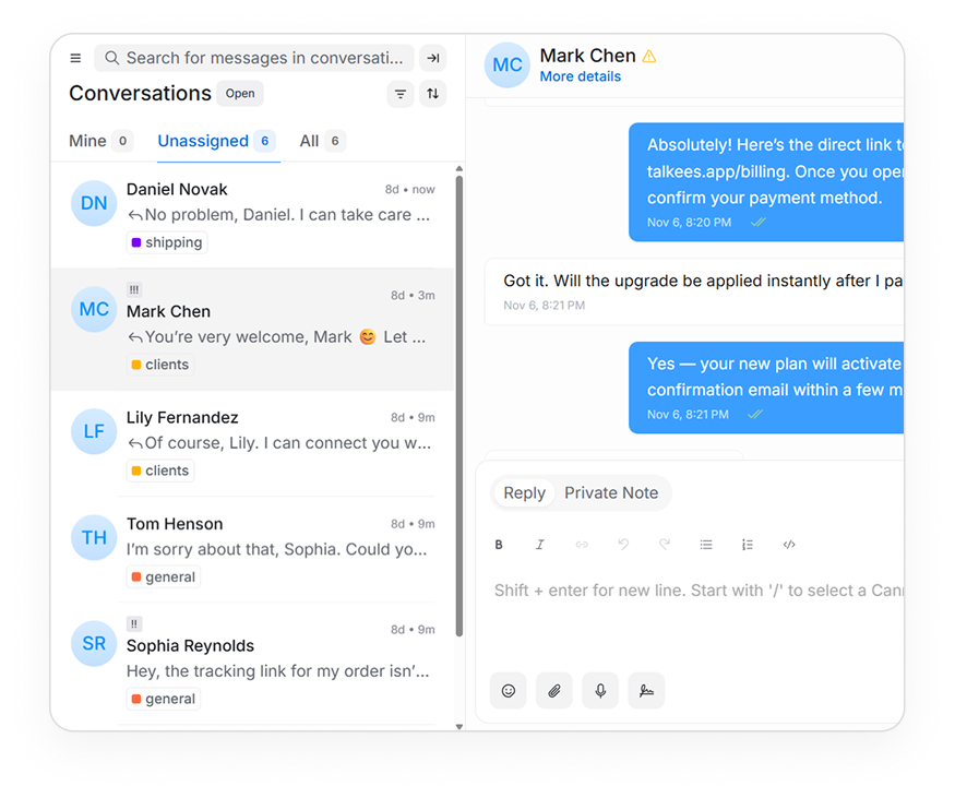 Talkees screenshot: Talkees dashboard