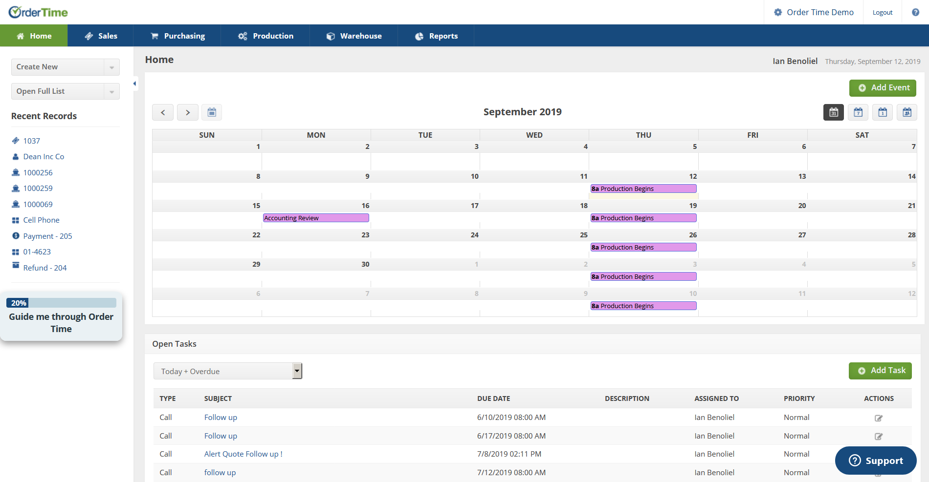 Order Time Inventory screenshot: Home Screen with Task Calendar
