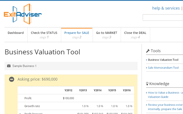 ExitAdviser.com screenshot: Online Business Valuation Tool