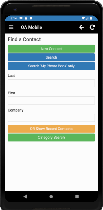 OA Mobile Search Screen.  Search by multiple filters including email, phone number, street address, zip-code and more!