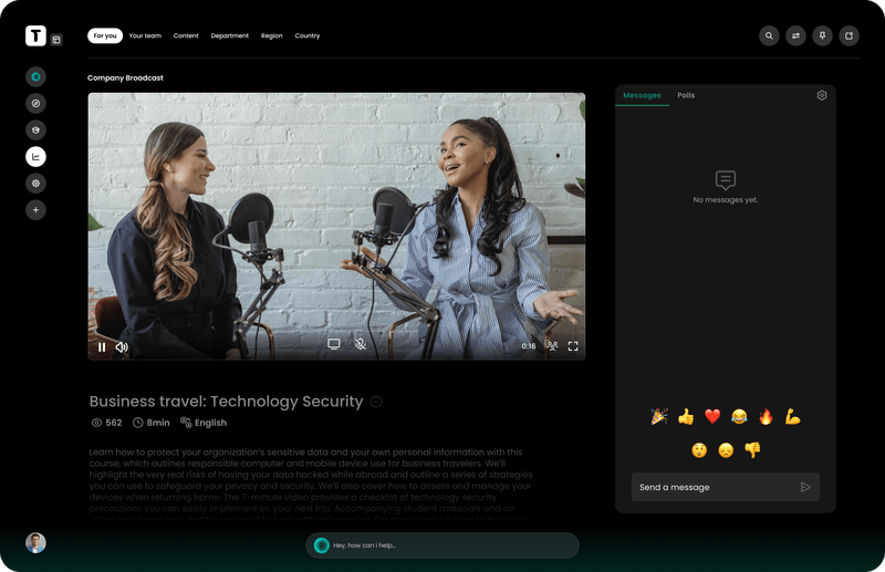 Thrive Software - Broadcasts:
Run company-wide broadcasts with ease. Broadcasts let single/multiple presenters host live sessions, perfect for sharing updates, onboarding new hires, or running town halls.