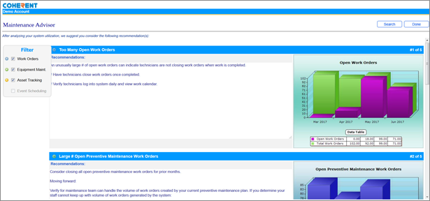 Coherent Software - The Maintenance Advisor generates suggestions designed to improve operational usage