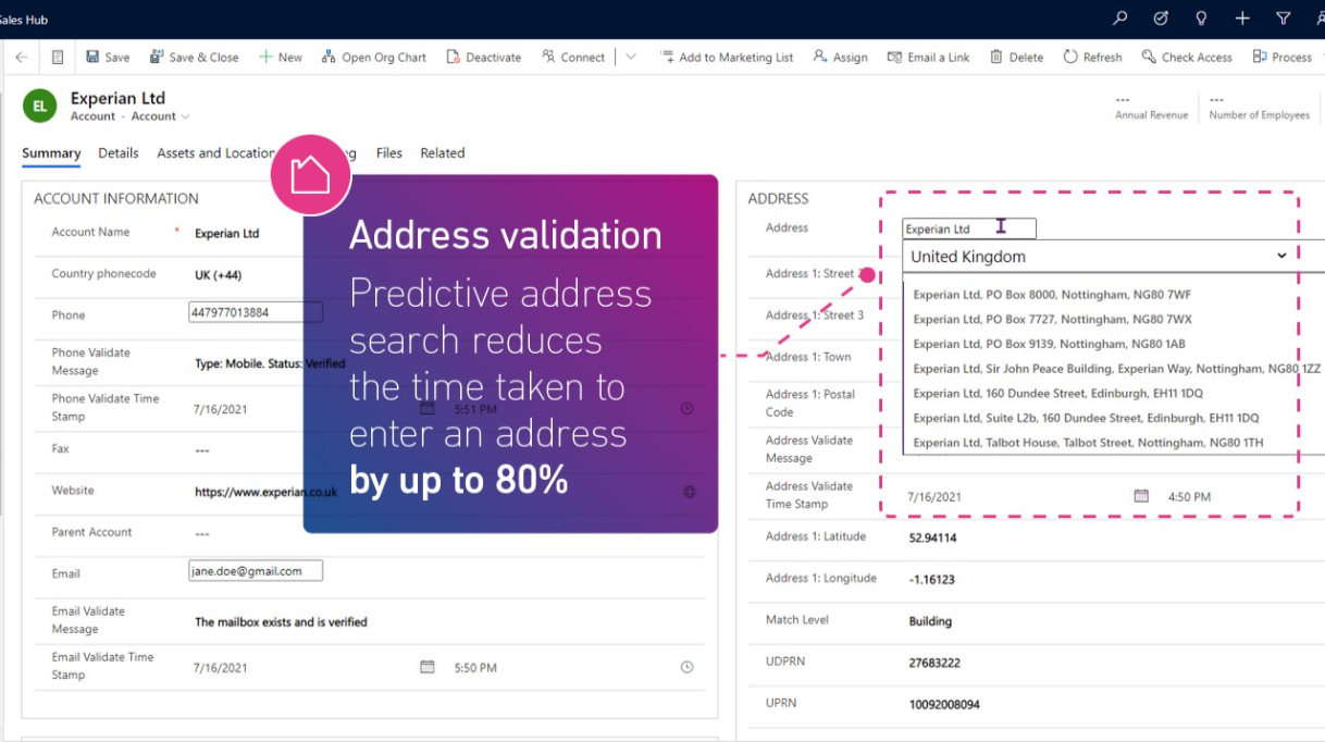 Experian Address Verification screenshot: Predictive address search reduces the time taken to enter an address by up to 80%.