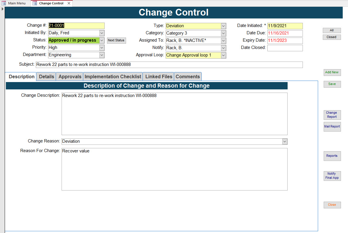 SBS Ground Control screenshot: SBS Ground Control change control form