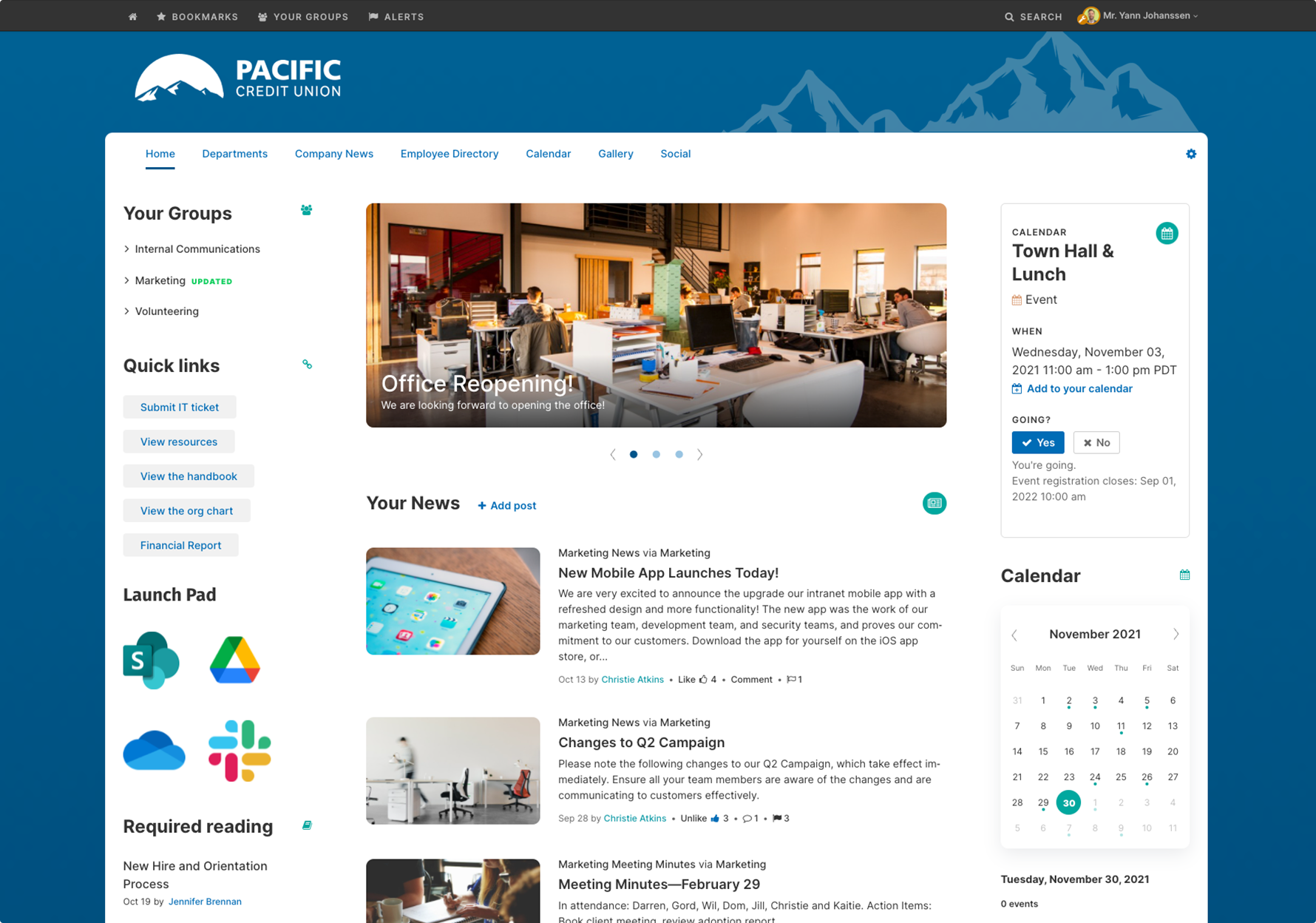 ThoughtFarmer Software - Create a customized homepage with engaging images from Unsplash, dynamic newsfeeds, interactive polls, event calendars, and commonly used applications by simply dragging and dropping your desired features and functionality.