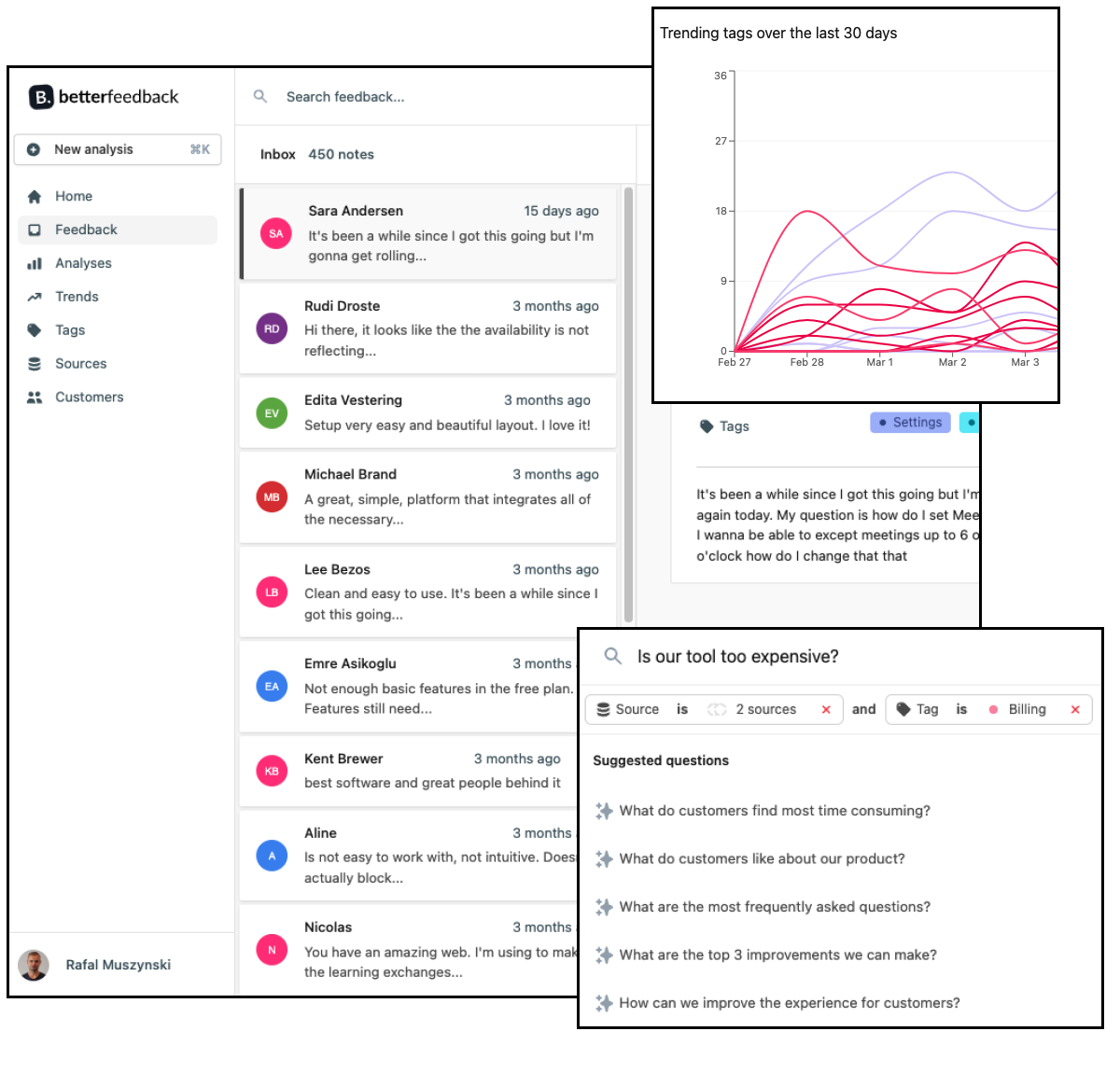 BetterFeedback screenshot: Qualitative customer feedback analysis